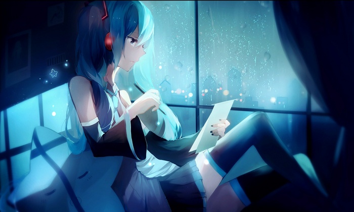 Hatsune Miku sitting by the window in the rain