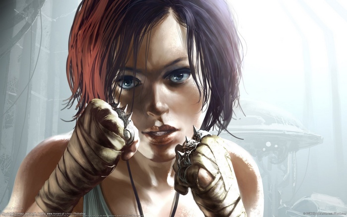 Woman with spiked gloves in a fighting stance