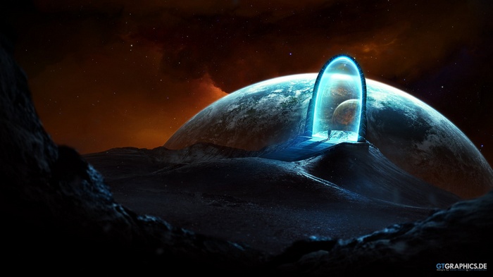 Sci-fi portal on a rocky planet with a large planet in the background