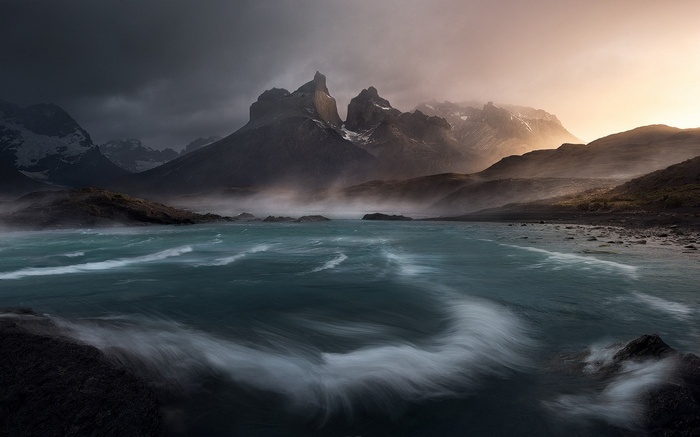 Torres del Paine National Park with misty mountains and lake