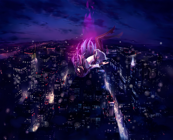 Anime girl falling over a cityscape at night