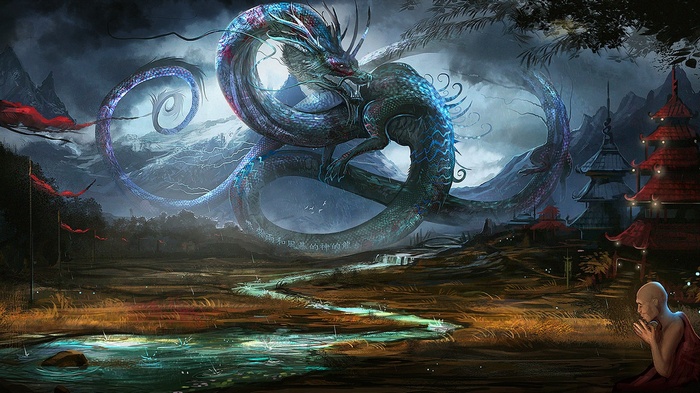 Fantasy art of a dragon and a monk