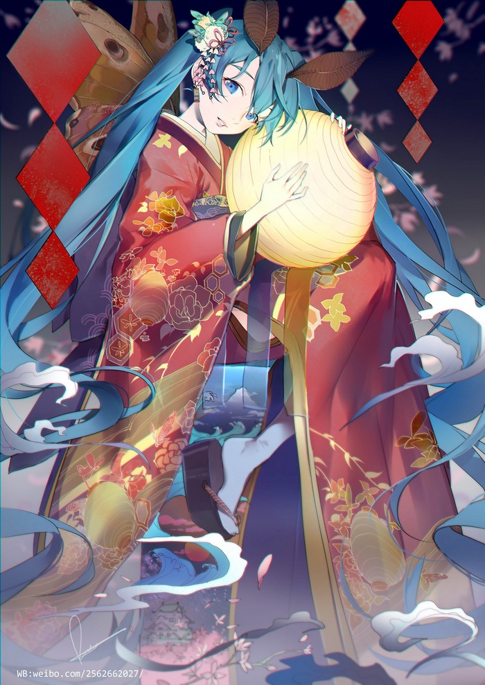 Hatsune Miku in a traditional Japanese kimono with butterfly wings