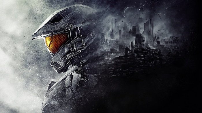 Master Chief in Halo 5 with a destroyed city background