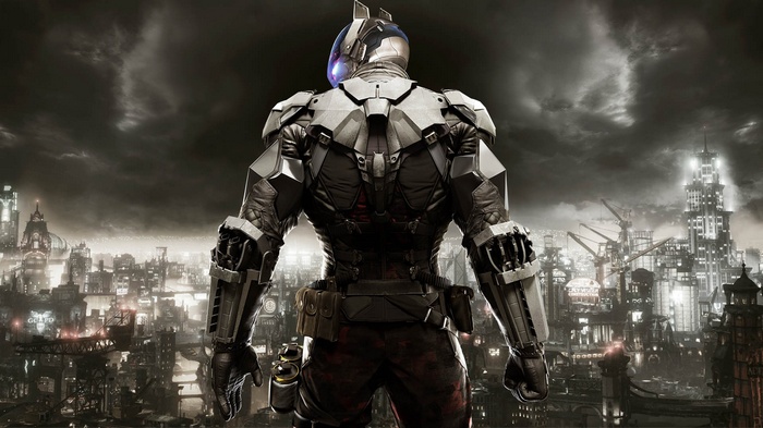 Batman in Arkham Knight Armor Over Gotham City