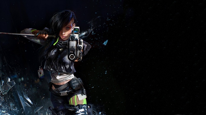 Woman with gun and sword in dark background