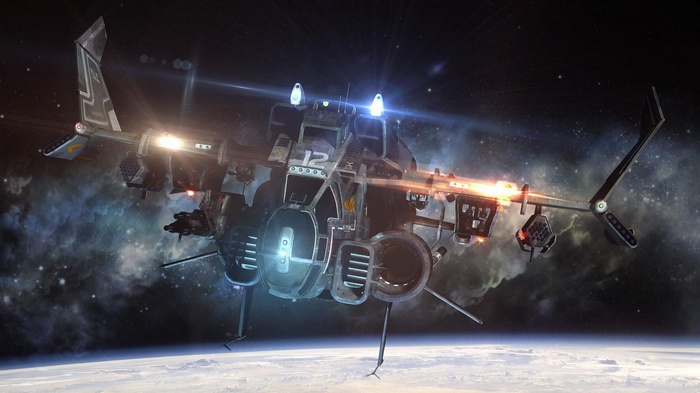 Spaceship in orbit above a planet