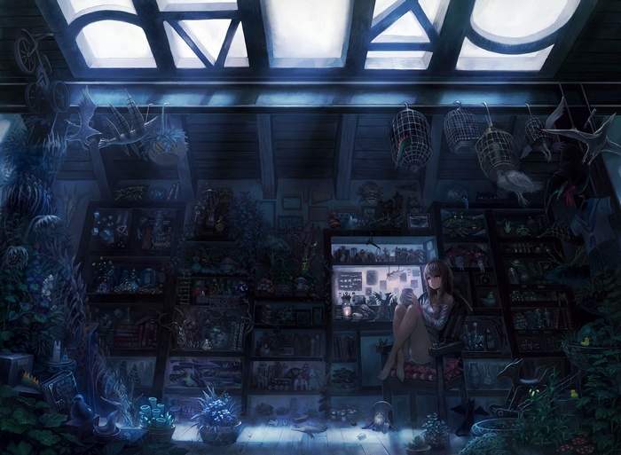 Anime girl sitting in a cluttered room with shelves of items