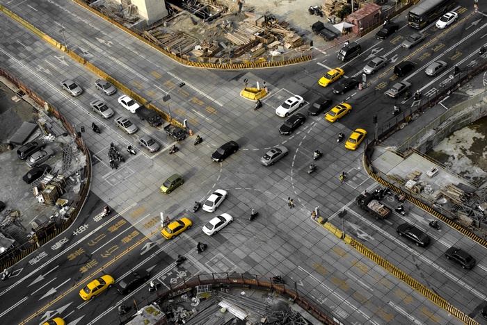 Aerial View of Busy Intersection in Taipei, Taiwan