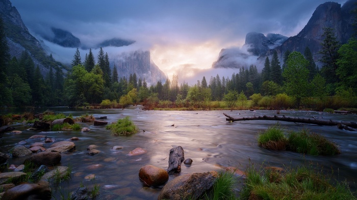 Yosemite National Park with Mountains, Mist, and River