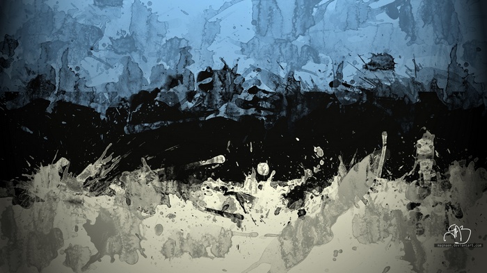 Abstract watercolor splashes in blue, black, and white