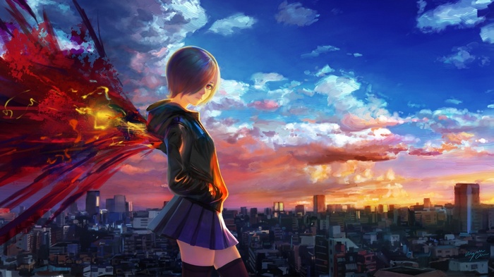 Touka Kirishima from Tokyo Ghoul overlooking a city at sunset