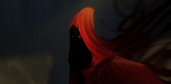 A hooded figure with glowing red eyes