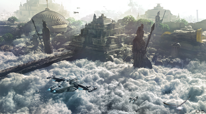 Ancient ruins in the clouds with spaceships