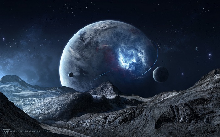 Alien planet landscape with large planet and moons