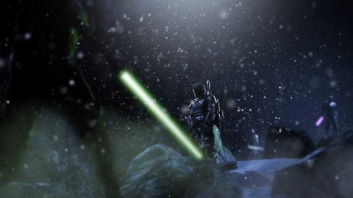 Boba Fett with a lightsaber in a snowy environment