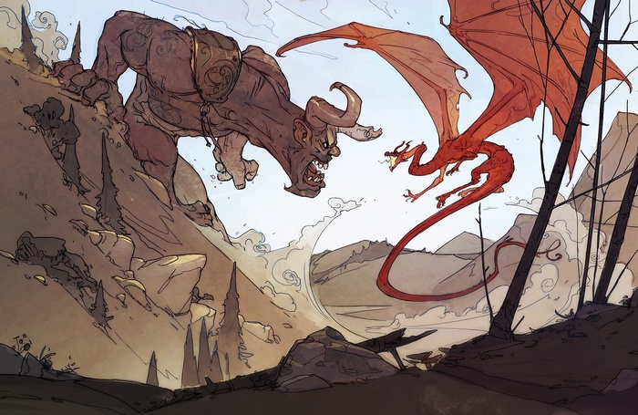 A cyclops and a dragon fight on a rocky mountain