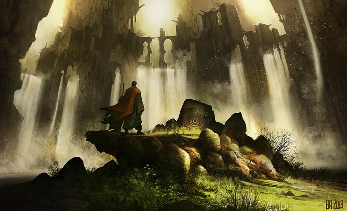Man in orange cloak overlooking ancient ruins with waterfalls