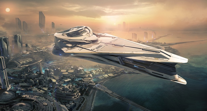 Star Citizen spaceship over a futuristic city