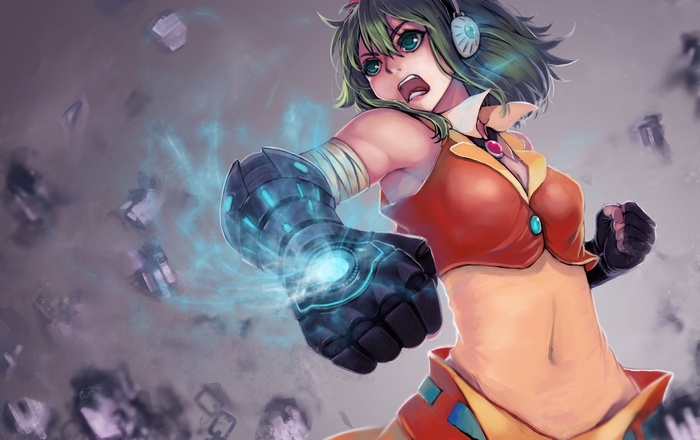 Megpoid Gumi with cybernetic arm and headphones