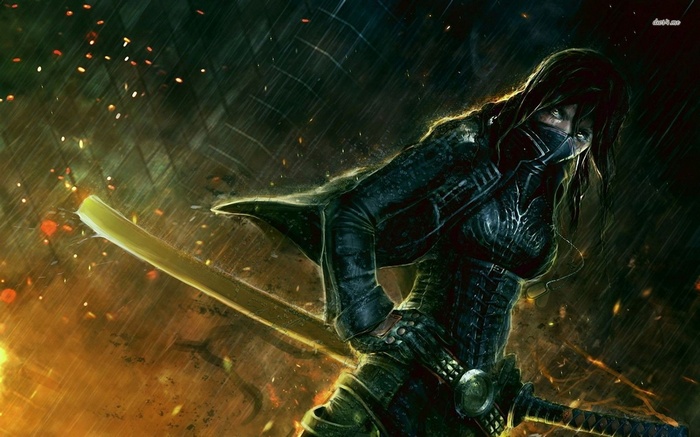 Anime girl with katana in the rain