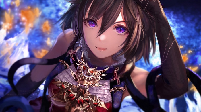 Anime girl with purple eyes and ornate armor