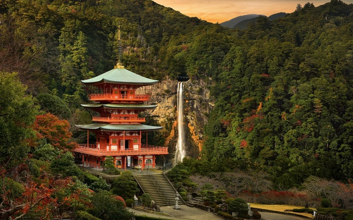 stairs, water, mountains, waterfall, sunset, trees, building, Asian architecture, forest, clouds, nature, hills, fall, Japan, rock, Japanese Garden, landscape