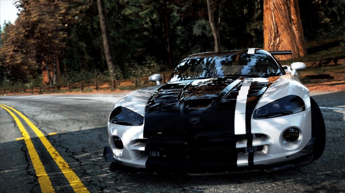 Dodge Viper with black and white paint on a road