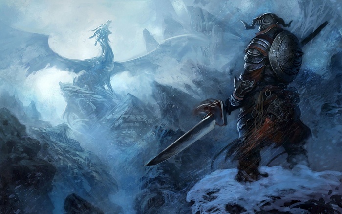 The Elder Scrolls V: Skyrim Dragon and Warrior Artwork