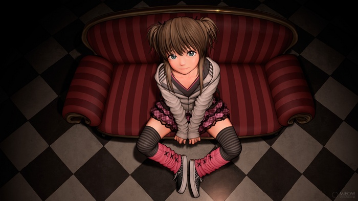 Anime girl with pigtails sitting on a red couch