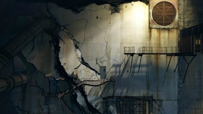 Portal 2 industrial facility with cracked walls and platforms
