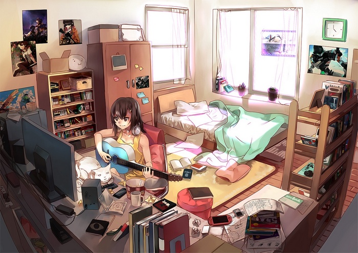 Anime girl playing guitar in a messy room