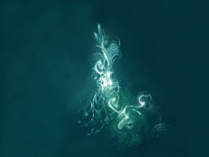 Abstract glowing teal and white swirls and shapes