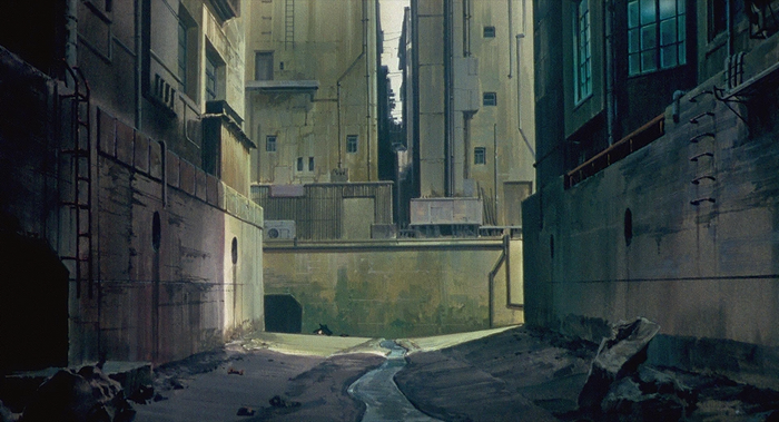 Ghost in the Shell alleyway with a small stream
