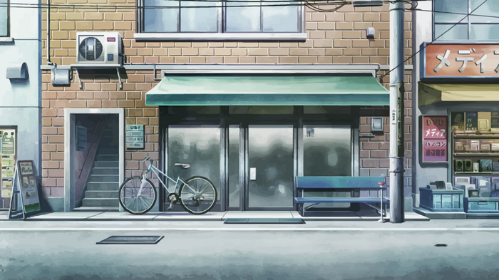 Steins;Gate: A street scene with a bicycle and a shop.