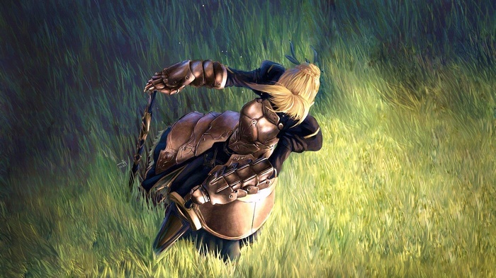 Saber from Fate Series in a grassy field