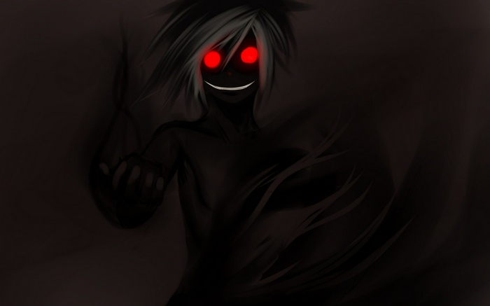 Dark figure with red eyes and a smile