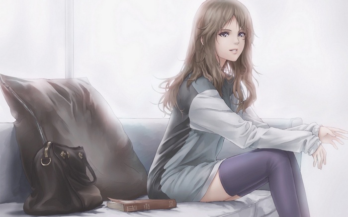 Anime girl with brown hair sitting on a couch