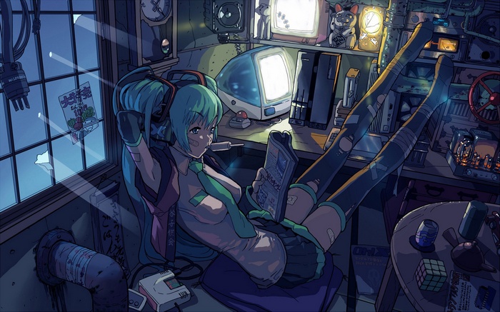 Hatsune Miku in a cluttered room with retro electronics