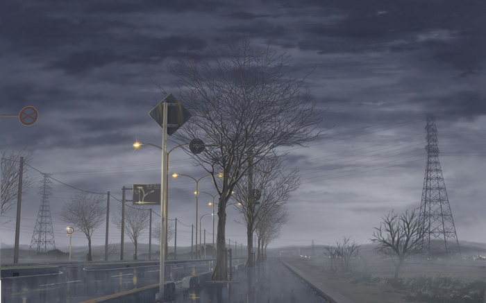 Road with trees and power lines under cloudy sky
