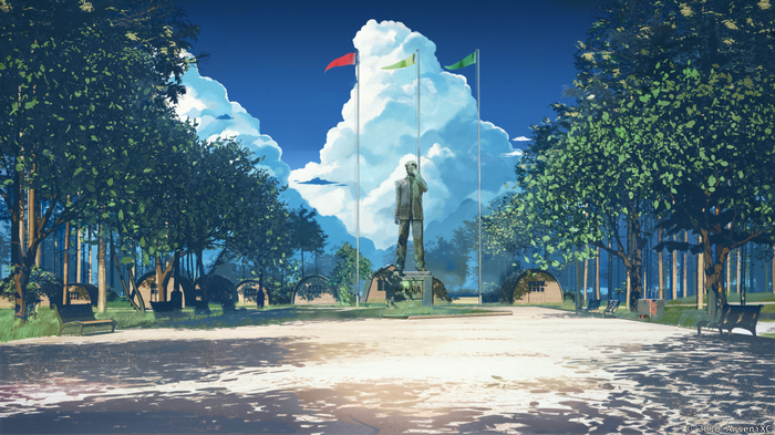 Anime park with statue and flags