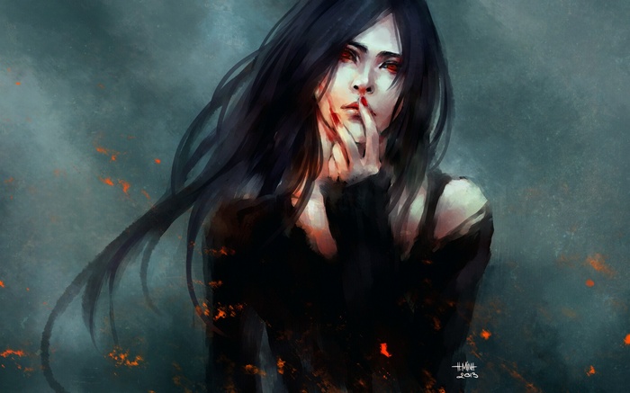 Artwork of a woman with long black hair and red eyes