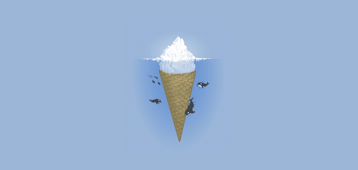 Minimalist ice cream cone iceberg with orcas