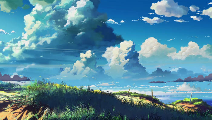 Anime landscape with dramatic clouds and ocean