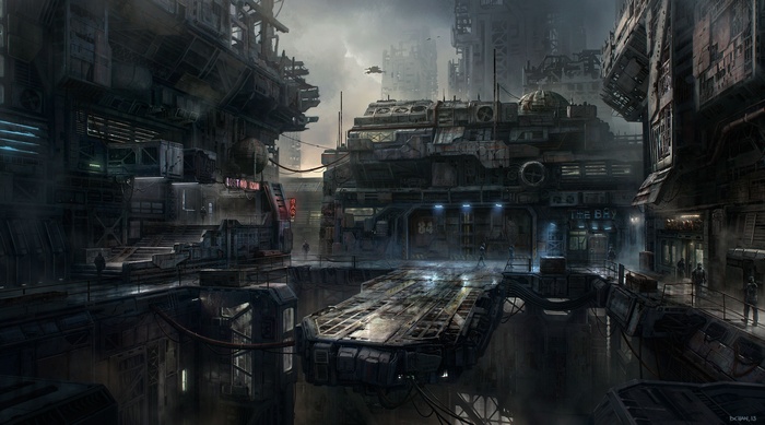 Cyberpunk city with flying vehicles and neon signs