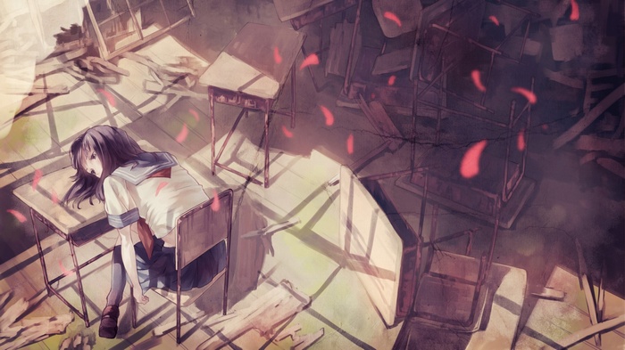 Anime girl sitting at a desk in a destroyed classroom