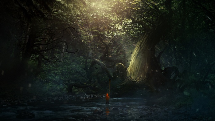 Girl with umbrella in a dark forest by a river