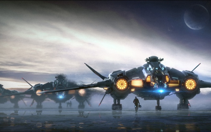 Star Citizen spaceships on a misty alien planet
