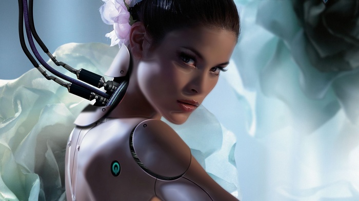 Robot woman with flowers and cables
