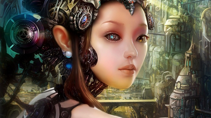Artwork of a cyborg woman in a futuristic city